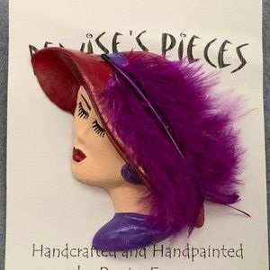 Red Hat Society Pin Brooch Plaster Red Purple Lady Feather Handmade Hand Painted